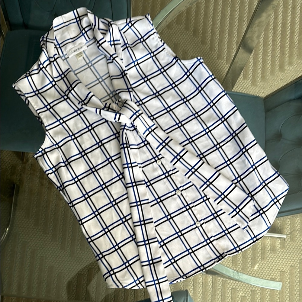 Calvin Klein White and Blue Plaid Blouse